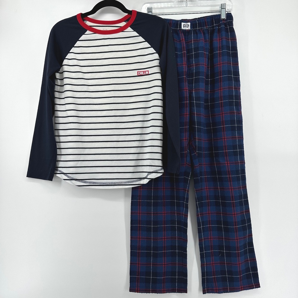 Gap Kids Boys Pajama Set Navy White Striped Plaid Fleece 2 Piece Size 12